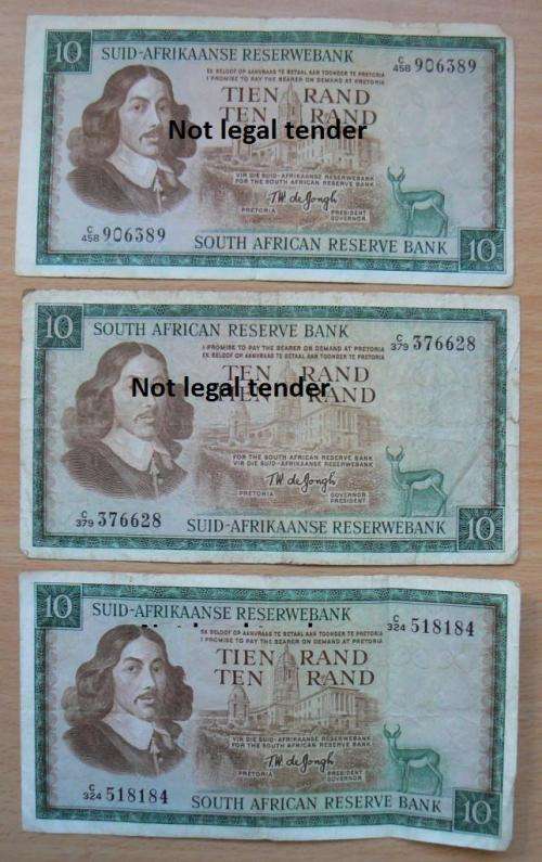Lot of 8 De Jongh 3rd Issue R10 notes, used