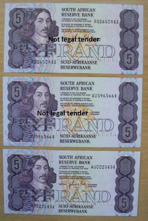 Lot of 3 De Kock 3rd Issue R5 notes - great condition