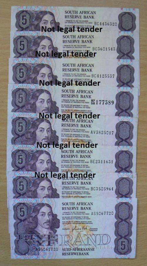 Lot of 8 De Kock R5 notes 3rd Issue, used