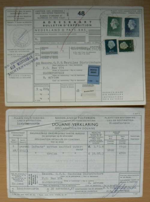1967 Netherlands to Bloemfontein customs parcel post card with order details