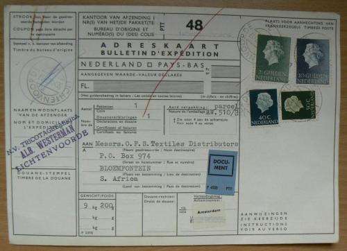 1967 Netherlands to Bloemfontein customs parcel post card with order details