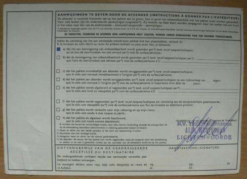 1967 Netherlands to Bloemfontein customs parcel post card with order details