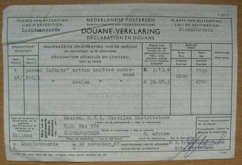 1967 Netherlands to Bloemfontein customs parcel post card with order details