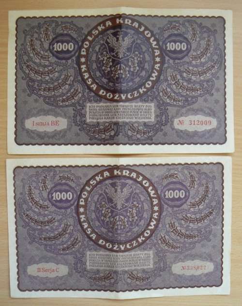 1919 Poland 1000 Marek pair of large notes Series I BE and Series II C