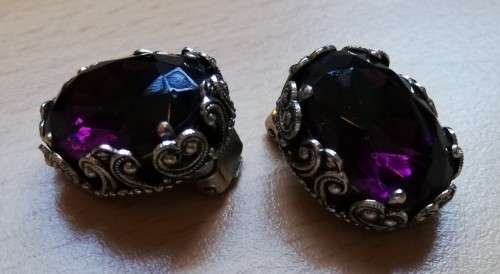 Vintage clip-on earrings - lovely metal detail and large purple stone