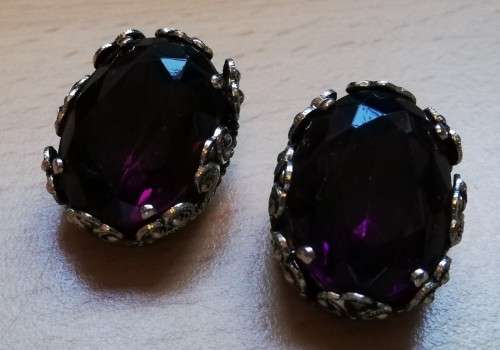Vintage clip-on earrings - lovely metal detail and large purple stone
