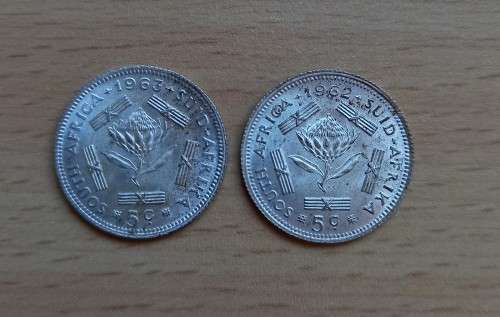 SA lot of 5 silver 5c & 3 silver 10c coins - could be from proof sets