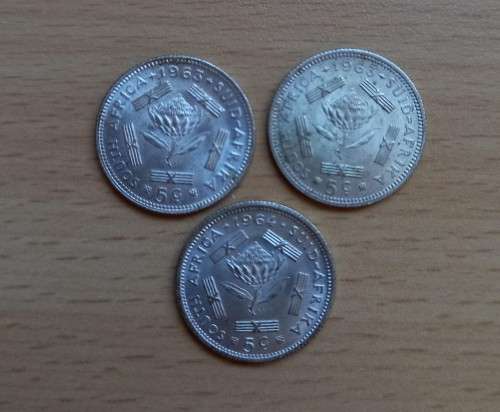 SA lot of 5 silver 5c & 3 silver 10c coins - could be from proof sets