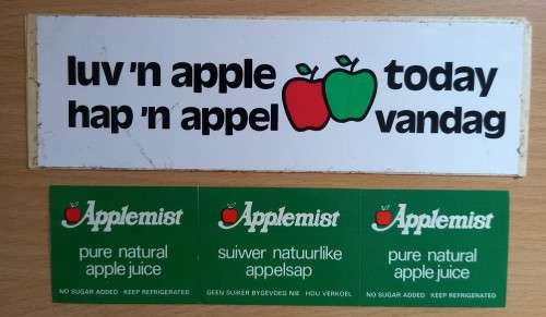 Lot of 13 vintage Applemist apple juice & `luv `n apple` stickers