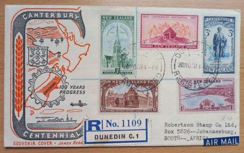 1950 New Zealand registered souvenir cover Dunedin to Johannesburg