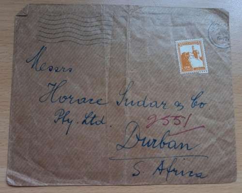 Britain Palestine cover 1947 Jerusalem to Durban - cancellation miss