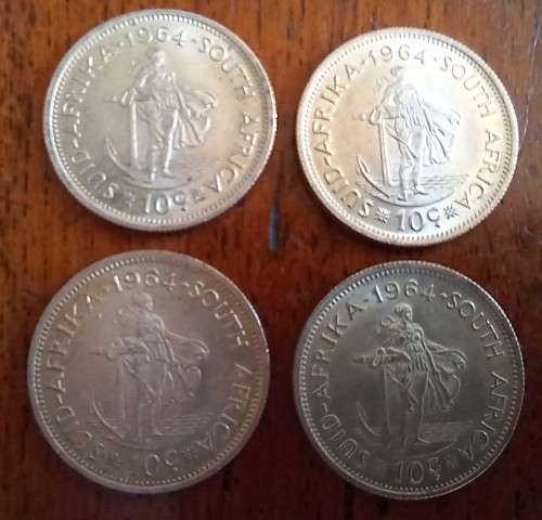 1964 SA lot of 4 silver 10c coins *all excellent