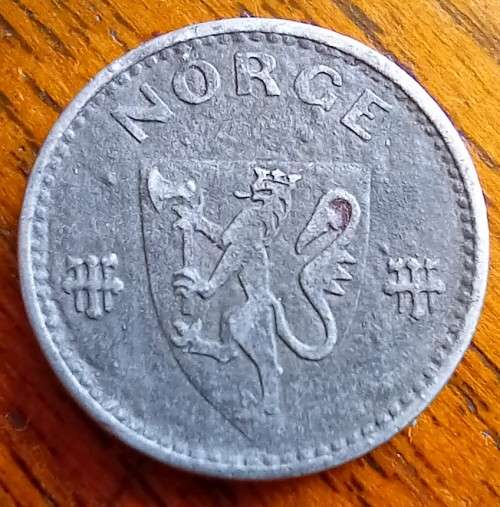 1943 Norway WWII 50 Ore, zinc coin