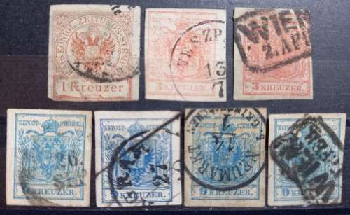 Austria 1850-54 3 K (x2) & 9K (x4) + 1K 1890 Newspaper Revenue used imperf