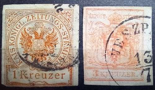 Austria 1850-54 3 K (x2) & 9K (x4) + 1K 1890 Newspaper Revenue used imperf
