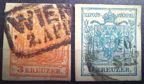 Austria 1850-54 3 K (x2) & 9K (x4) + 1K 1890 Newspaper Revenue used imperf