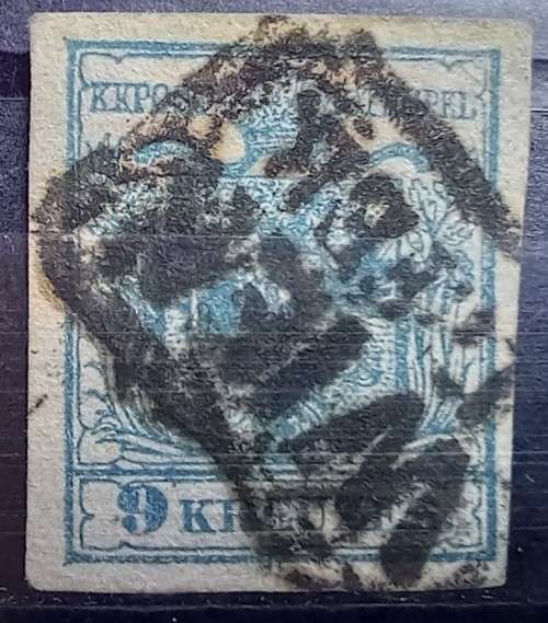 Austria 1850-54 3 K (x2) & 9K (x4) + 1K 1890 Newspaper Revenue used imperf