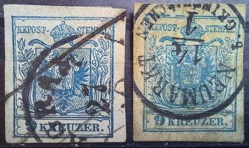 Austria 1850-54 3 K (x2) & 9K (x4) + 1K 1890 Newspaper Revenue used imperf