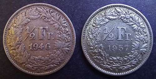 Switzerland silver 1946 and 1957 1/2 Franc
