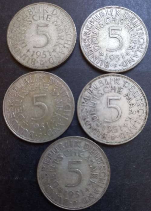 1951 Germany lot of 5 silver 5 Mark coins