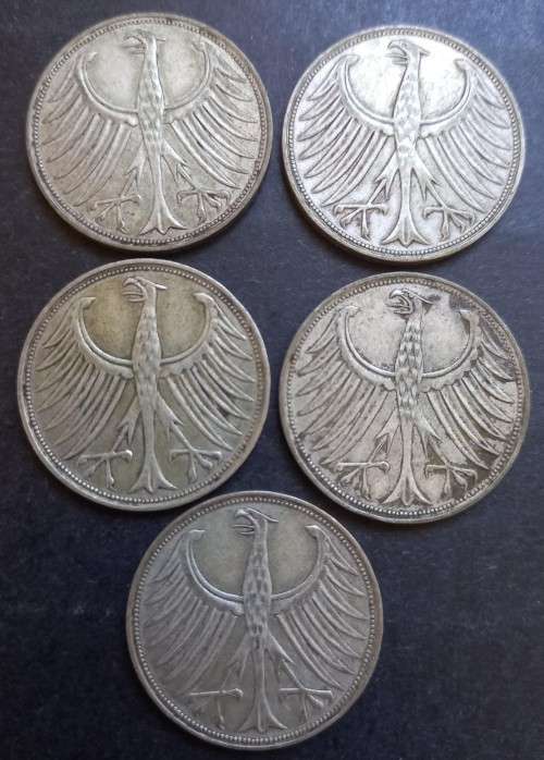 1951 Germany lot of 5 silver 5 Mark coins
