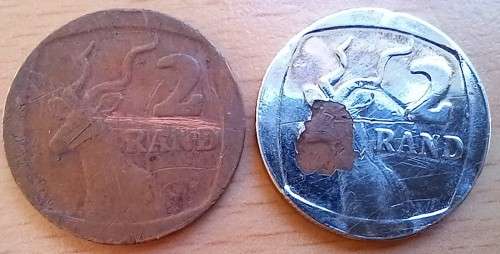 1989 RSA pair of R2 coins - nickel plating removed totally and partially