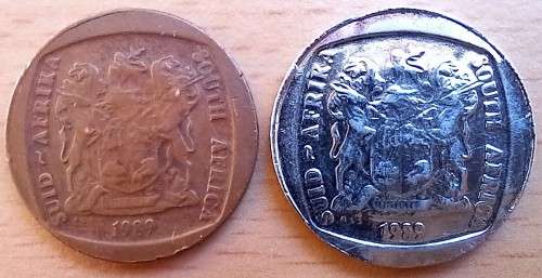1989 RSA pair of R2 coins - nickel plating removed totally and partially