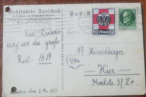 Old Germany Bayern Bavaria colour postcard 1914 with Red Cross Fund cinderella stamp