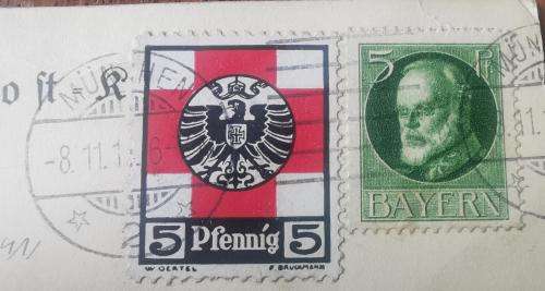 Old Germany Bayern Bavaria colour postcard 1914 with Red Cross Fund cinderella stamp