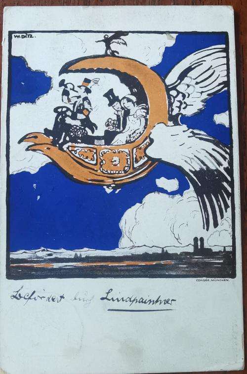 Old Germany Bayern Bavaria airmal postcard 1912 used with prepaid rare 25Pf airmail stamp