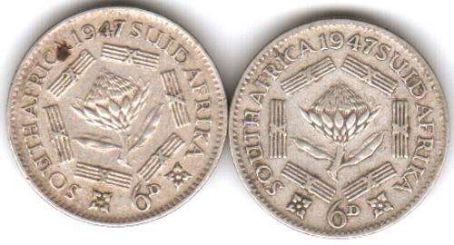 South Africa 6 Pence 1947 (2 coins) as per scan