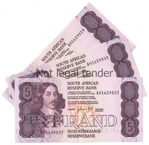 South Africa R5 G De Kock 3 UNC notes in sequence - 1 bid for all