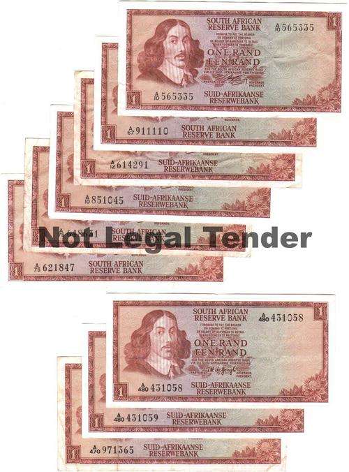 Lot of Nine R1 Notes (6 Rissik & 3 De Jongh) Bid per note to take all.