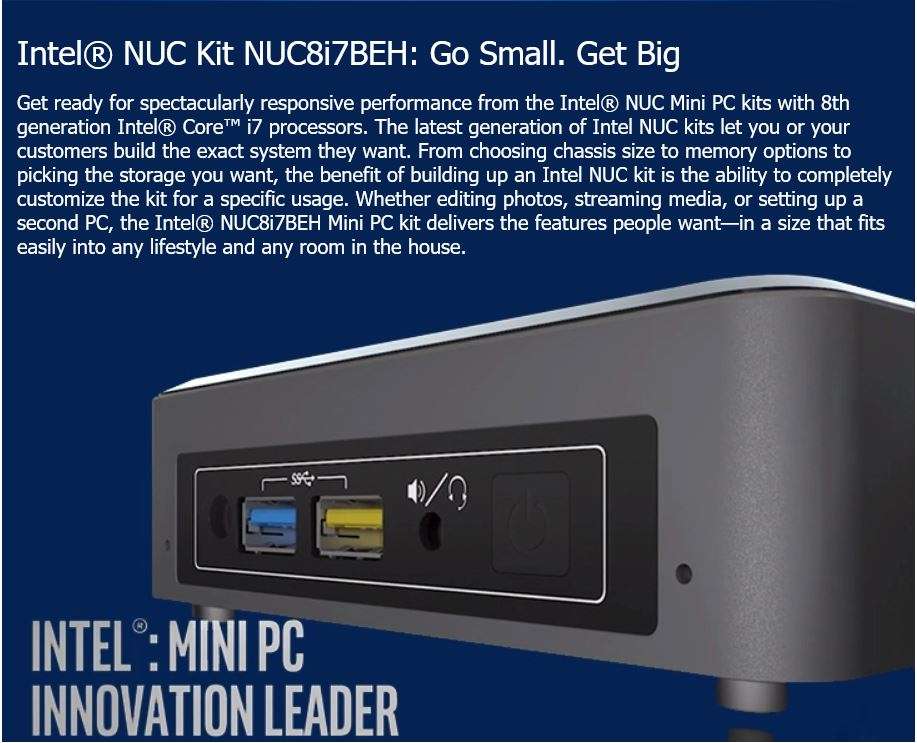 Intel Nuc - Intel i7 8th gen - 8GB DDR4 - 256GB SSD M.2 PCIe Nvme - Intel Iris Graphics