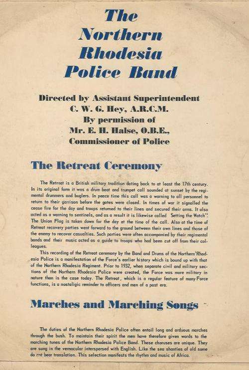 Northern Rhodesian Police Band. The Retreat Ceremony. Vinyl LP.