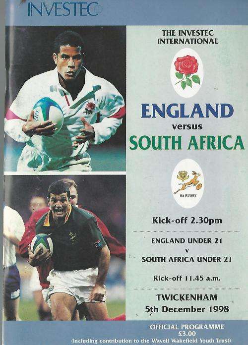 Rugby Program: England vs South Africa. 5 Dec 1998. Twickenham. PRICE REDUCED.