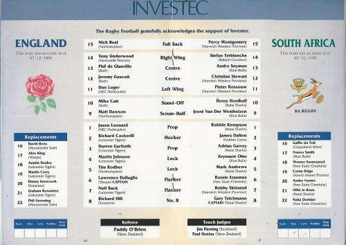 Rugby Program: England vs South Africa. 5 Dec 1998. Twickenham. PRICE REDUCED.