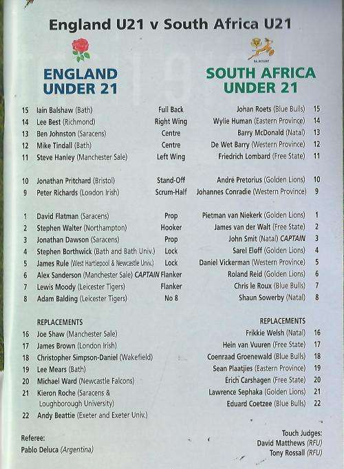 Rugby Program: England vs South Africa. 5 Dec 1998. Twickenham. PRICE REDUCED.