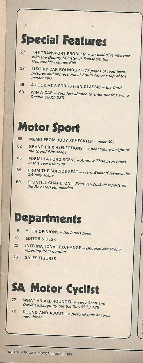 SA Motor. Magazine. 2 June 1974. Luxury Car Issue.
