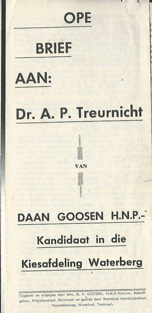 Ope Brief aan Dr. A.P. Treurnicht van Daan Goosen HNP. SKAARS!!