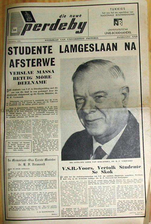 Die nuwe Perdeby (Weekblad van UP) 9 Sept 1966. Sluipmoord op Dr HF Verwoerd.