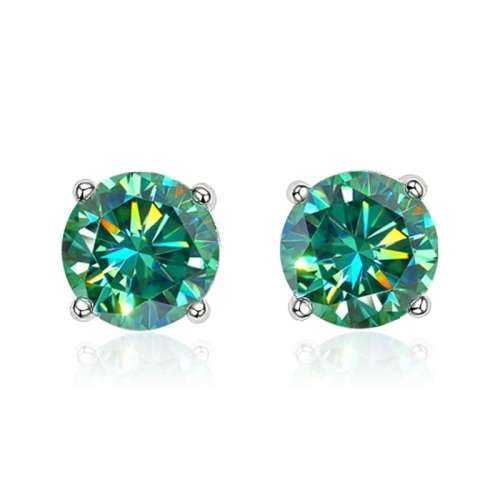 1ct Round Brilliant Cut Green Moissanite Stud Earrings | Rhodium Over 925 Sterling Silver