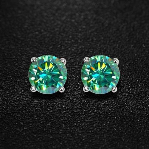 1ct Round Brilliant Cut Green Moissanite Stud Earrings | Rhodium Over 925 Sterling Silver