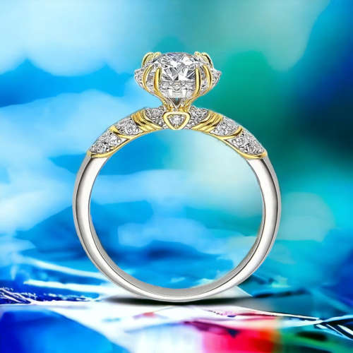Ornate Style 6.5mm Moissanite Ring | 18K Yellow Gold and Rhodium Over 925 Sterling Silver