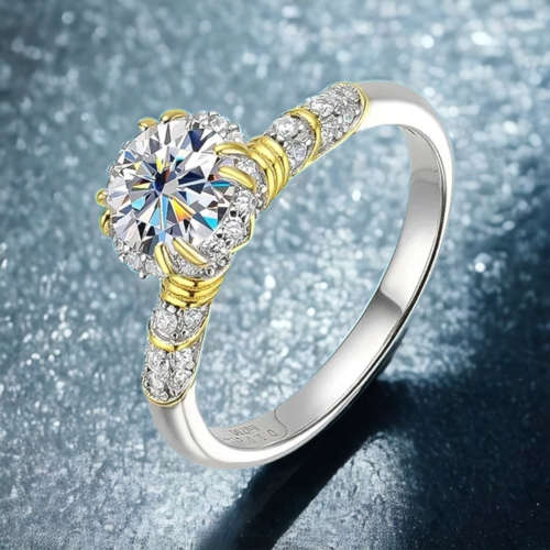 Ornate Style 6.5mm Moissanite Ring | 18K Yellow Gold and Rhodium Over 925 Sterling Silver