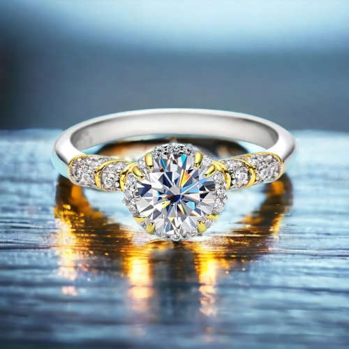 Ornate Style 6.5mm Moissanite Ring | 18K Yellow Gold and Rhodium Over 925 Sterling Silver