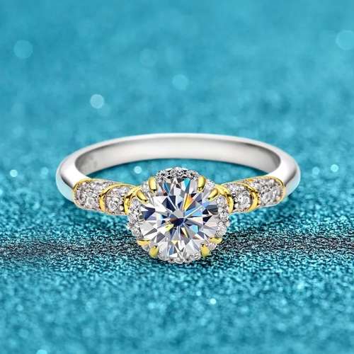 Ornate Style 6.5mm Moissanite Ring | 18K Yellow Gold and Rhodium Over 925 Sterling Silver