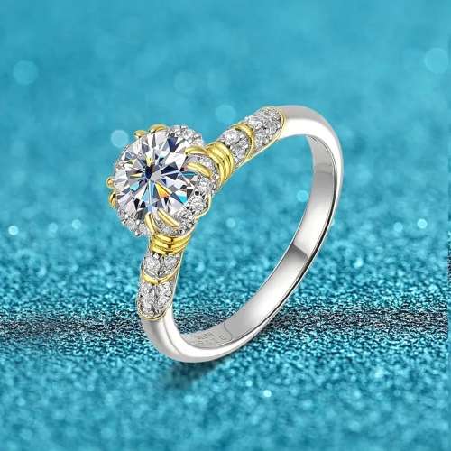 Ornate Style 6.5mm Moissanite Ring | 18K Yellow Gold and Rhodium Over 925 Sterling Silver