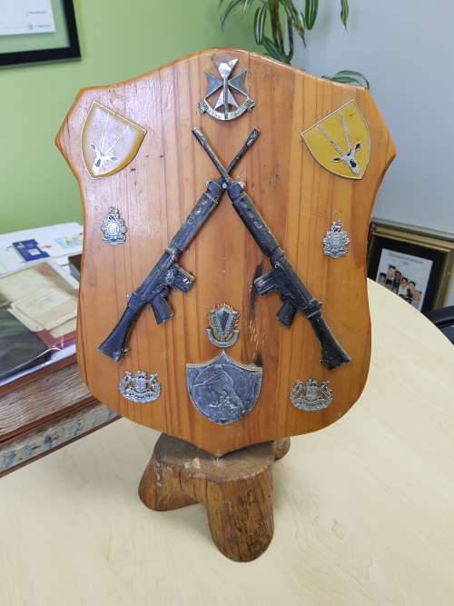 Wooden Plaque with badges and 8 SAI Flashes