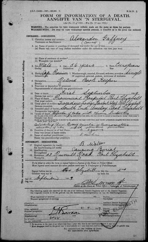 QSA to A Gaffney, Port Elizabeth Town Guard